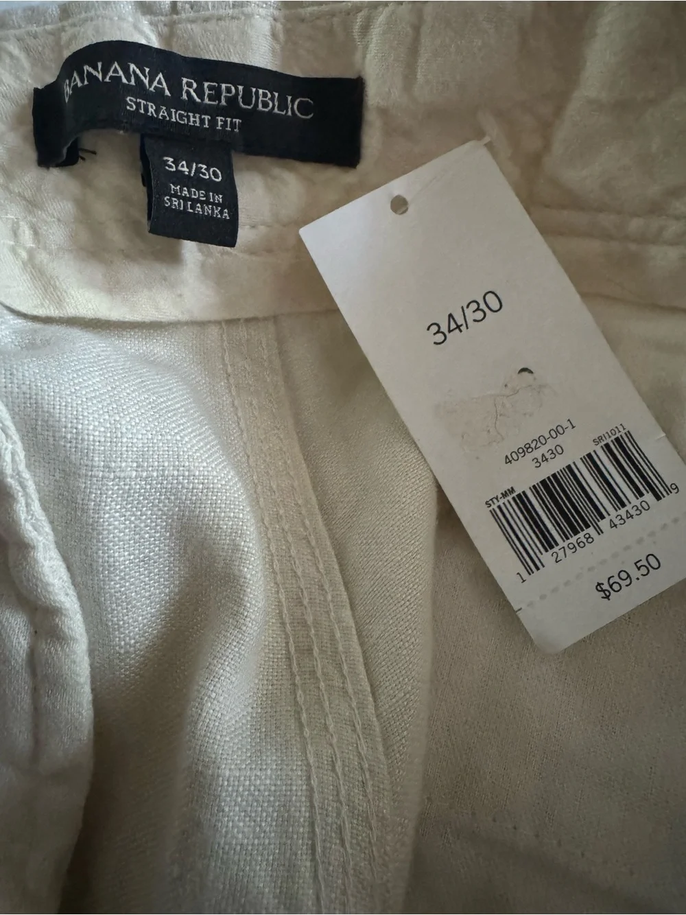 NWT Banana Republic Cream Linen Cotton Blend Straight Fit Pants 34x30